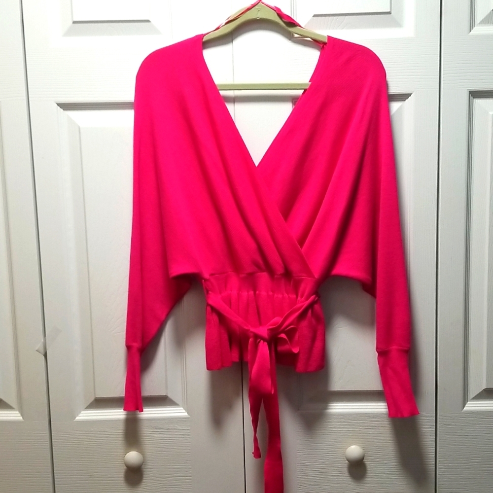 Fashion Leader Hot Pink Women's Crisscross V-Neck Long Sleeve Sweater Size Small